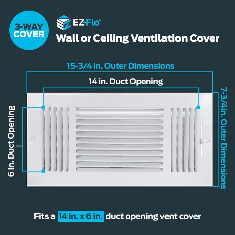 EZ-FLO 14 x 6 Inch (Duct Opening) Air Vent Cover for Wall or Ceiling, Three-Way Ventilation Register, Solid Steel HVAC Register Cover, White, 61616 - Image 2